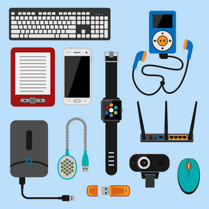 電子小工具 圖標、技術與多媒體設備的日常連接